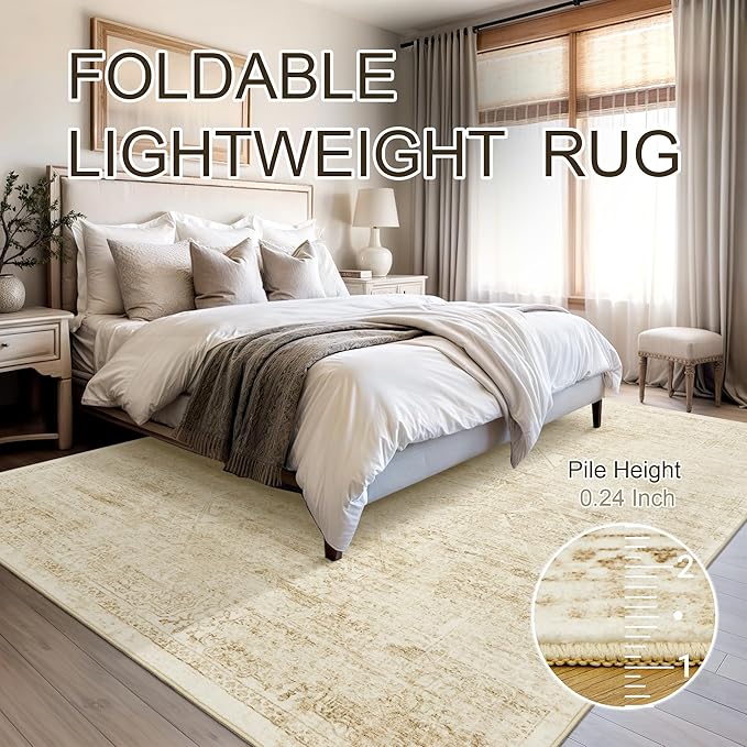 Washable Area Rug 9x12, Large Soft Rugs for Living Room Vintage Beige Rug 9x12 Area Rugs for Bedroom Dining Room Floral Non-Slip Thin Rug