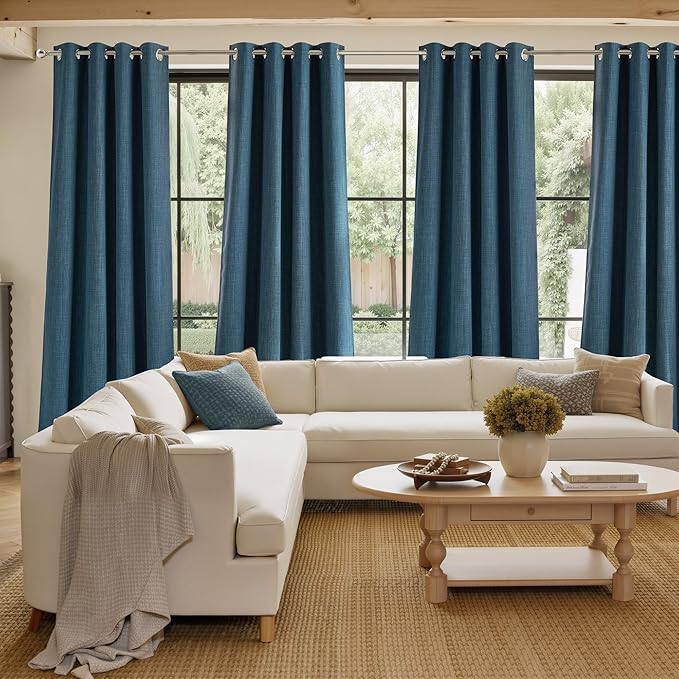 NICETOWN Faux Linen Stone Blue Blackout Curtains 84 inches Long for Living Room - Privacy Panels for Bedroom, Modern Farmhouse Style Easy Care Grommet Top, 2 Panels, W52 by L84
