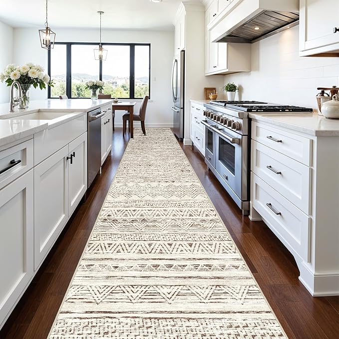 Ksrau 3x20 Runner Rug Washable - Extra Long Non-Slip Modern Runners for Hallway Soft Moroccan Low Pile Indoor Floor Mat for Living Room Kitchen Waterproof Geometric Runner Rugs Entryway 3x20 Beige