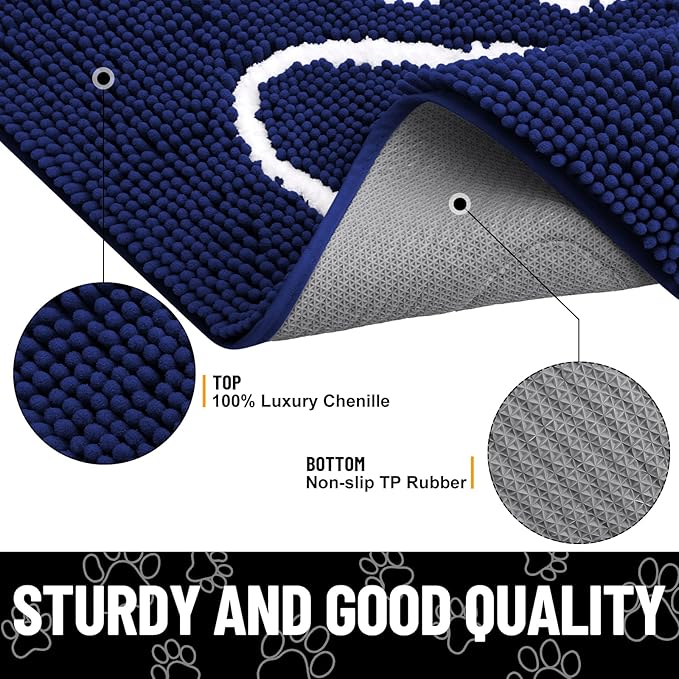 Smiry Dog Door Mat for Muddy Paws, Absorbent Dirt Trapper Non Slip Quick Dry Washable Chenille Mat for Mud Dogs, Entry Rug for Indoor and Outdoor (59x24 Inches, Navy Blue and White)