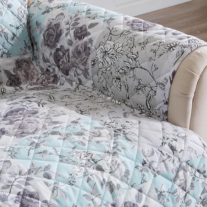 Great Bay Home Reversible Floral Patchwork Sofa Furniture Protector - Machine Washable, Scalloped Edge, Stain Resistant, Printed Furniture Cover for Dogs, Kids, and Pets (Gray/Aqua)