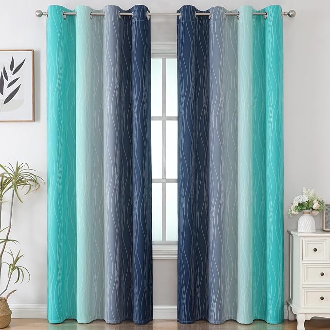 Estelar Textiler Navy Blue and Teal Gradient Blackout Curtains for Bedroom, Thermal Insulated Ombre Blackout Drapes, Full Room Darkening Energy Saving Curtains for Living Room,52Wx84L,2 Panels