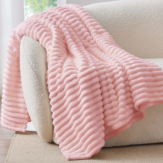 BEDELITE Throw Blanket for Couch - 300GSM Soft & Warm Fluffy Pink Blanket, Decorative and Giftable Striped Blankets for Women, Men, 50"x70"
