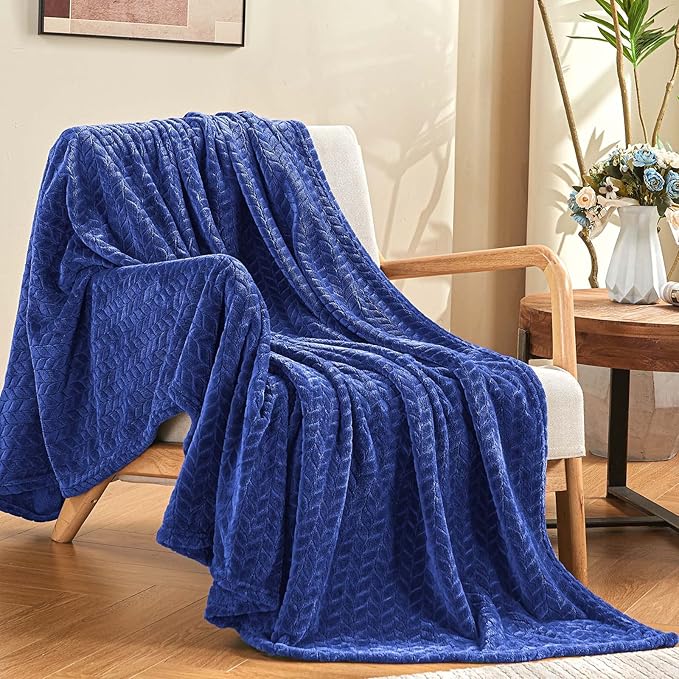 inhand Navy Fleece Twin Blanket, Super Soft Flannel Cozy Blankets for Adults, Lightweight Leaves Pattern Fuzzy Blanket for Couch Sofa Bed Office, Warm Plush Blankets for All Season, 60x90 Inches