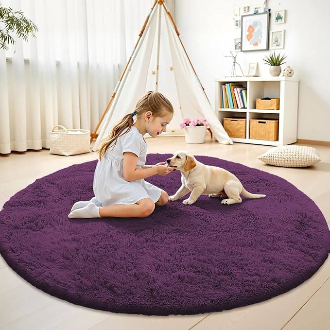 OLANLY Dark Purple Round Rugs for Bedroom - Machine Washable, 5 ft Circle Area Rugs for Living Room, Soft and Fluffy Shaggy Carpet for Teen Girl and Boys, Nursery Rooms, Dorms, Home Decor Aesthetic