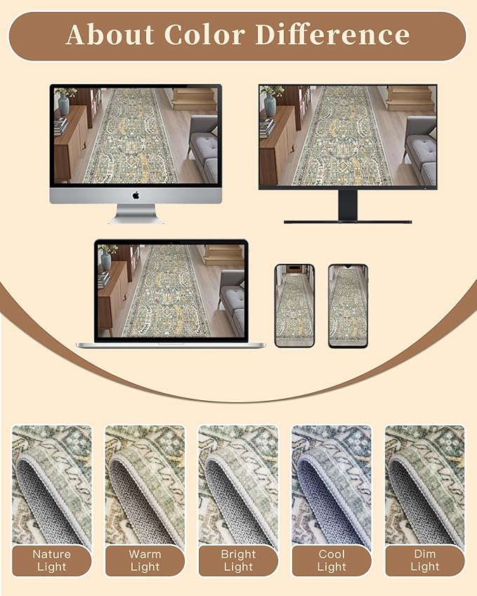Madane Hallway Runner Rug 2x12, Extra Long Washable Runner Rugs with Rubber Backing, Non Slip Carpet Runner, Vintage Rug Runners for Kitchen Laundry Room Entryway (Green/Gold, 2'x12')