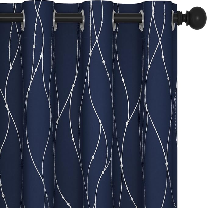Deconovo Short Window Curtains, Navy Blue Blaakcout Curtain for Kitchen, Thermal Insulated Soundproof Drapes with Silver Wave Dots Prit, Grommet Top, Machine Washable for Nursery Bedroom Living Room