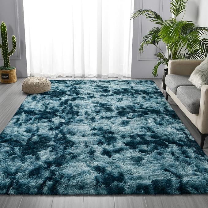 Deerhoo Large Shag Area Rugs 5 x 8, Tie-Dyed Plush Fuzzy Rugs for Living Room, Ultra Soft Fluffy Furry Rug for Bedroom, Indoor Carpet Nursery Rugs for Kids Room Home Decor, Peacock Blue