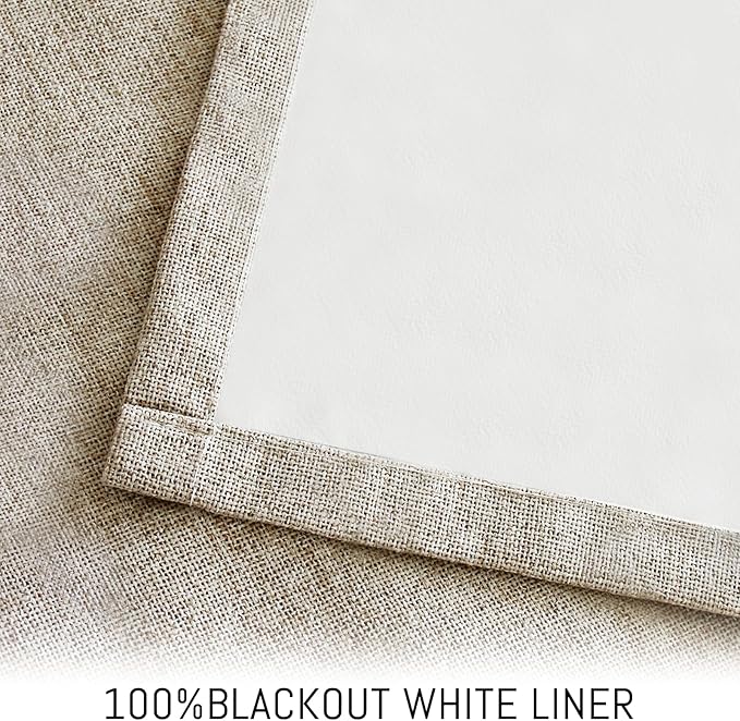 Yakamok Natural Linen Curtains 100% Blackout 63 Inches Long,Room Darkening Textured Curtains for Living Room Thermal Grommet Bedroom Curtains 2 Panels with Greyish White Liner