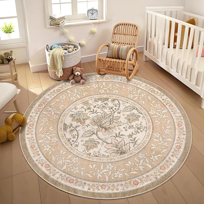 GarveeHome Pinkish Brown Botanical Grove 5ft Round Rug, Small Circle Vintage Cottagecore Soft Low-Pile Non-Slip Washable Rugs for Living Room Bedroom Nursery Kitchen Retro Carpet