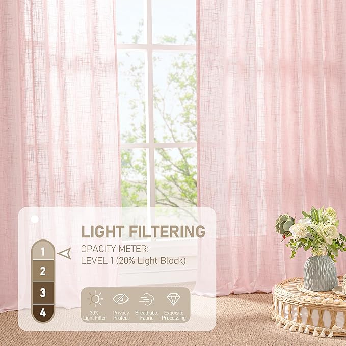 LAMIT Pink Linen Curtains 54 Inch Length 2 Panels, Light Filtering Panels Back Tab and Rod Pocket Neutral Drapes for Kids Room/Window/Bedroom, 52 x 54 Inch