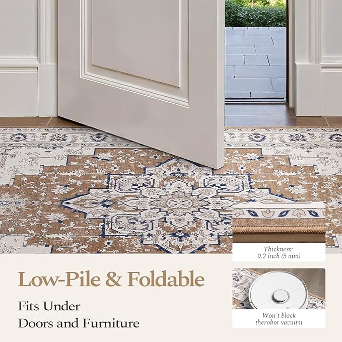 Rugflix 9x12 Area Rug for Living Room, Vintage Washable Area Rug Non Slip Backing Low Pile, Floral Soft Foldable Carpet for Bedroom Dining Room, Brown/Beige