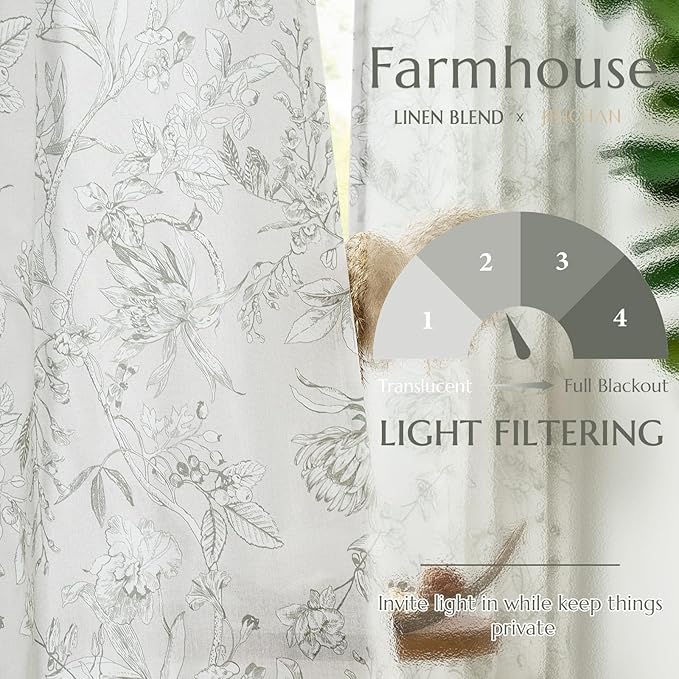 jinchan Floral Curtains 96 Inches Long Charcoal Grey Flower Linen Farmhouse Curtain for Living Room French Country Vintage Curtain Rod Pocket Curtains Set 2 Panels Gray Floral Printed