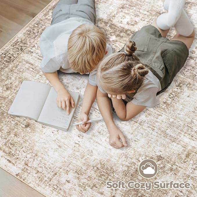 Area Rug 10x12 Washable Rug, Vintage Boho Medallion Rugs Non-Slip Soft Low Pile Large Distressed Rug Indoor Retro Carpet for Living Room Bedroom Dining Room Home Office (Brown, 10'x12')