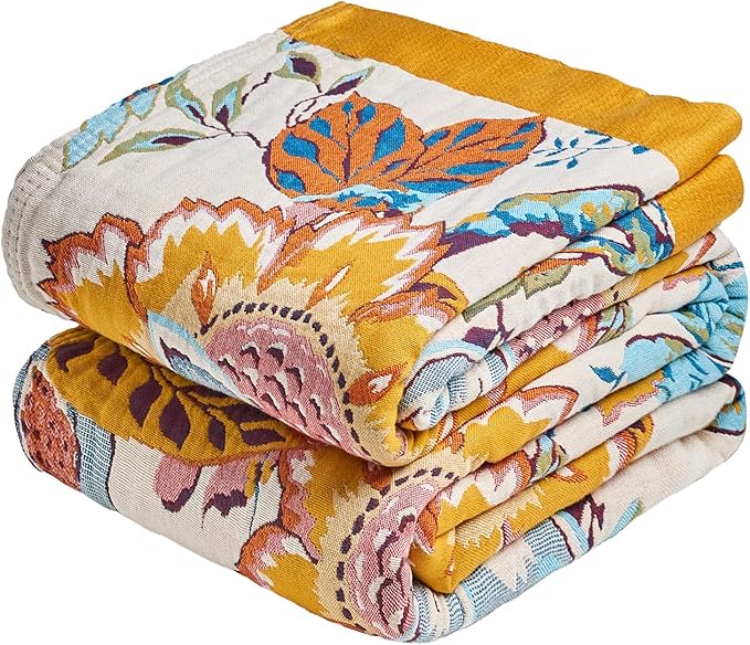 MSGKV Boho Throw Blanket 90"x90" Floral Cotton Blanket for Bed Spring Breathable Lightweight Farmhouse Queen Blankets Home Decor Muslin All Seasons