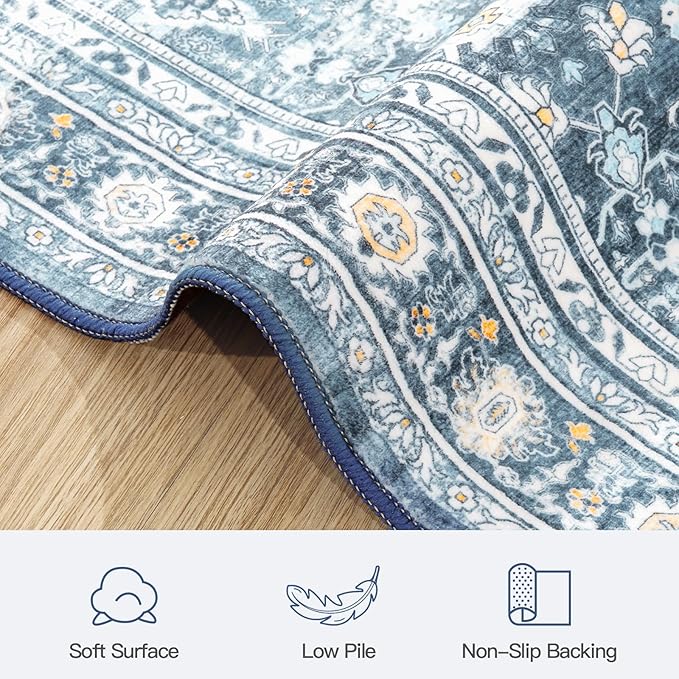 Lofus 6x9 Area Rug for Living Room,Blue Washable Area Rugs with Non-Slip Backing,Soft Boho Carpets for Bedroom Dining Room Home Office Indoor Nursery