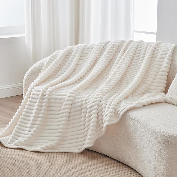 BEDELITE Twin Blanket for Couch & Bed, 300GSM Soft & Warm Fleece Blanket, Decorative and Giftable Striped Cream White Blankets for Women, Men, 60"x80"