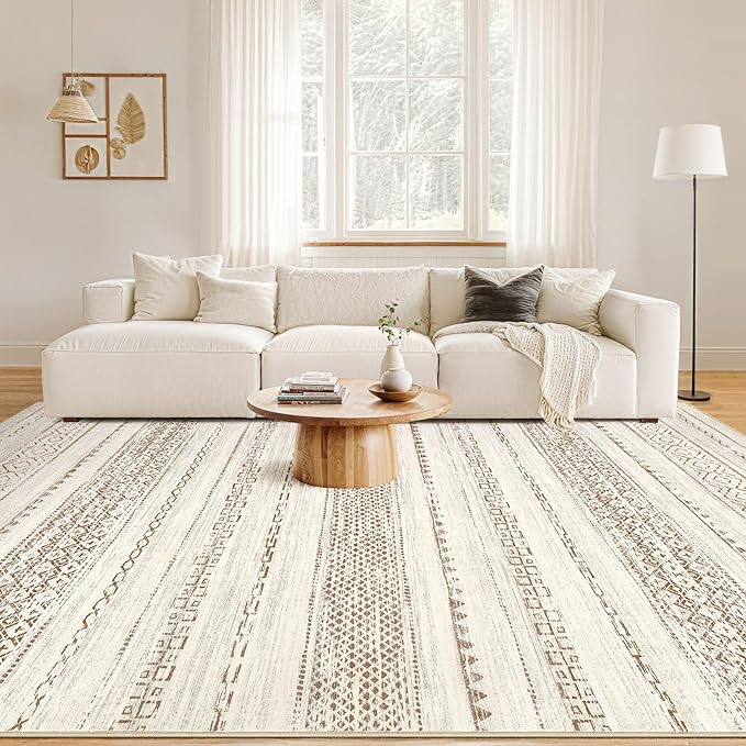 Nakagishi 5x8 Area Rug Living Room: Washable Boho Large Neutral Modern Soft Farmhouse Rugs Stain Resistant Indoor Floor Non-Slip Carpet for Bedroom Nursery Kids Playroom Office Dining Room- Brown