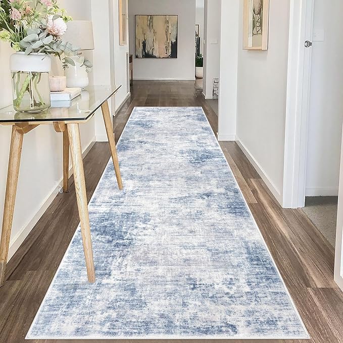 IOHOUZE Abstract Runner Rug 3x10 Ft Washable Runners for Hallways, Non Slip Kitchen Runner Printed Faux Wool Entryway Runner Indoor, Modern Abstract Floor Carpet for Hall Bedroom, Light Blue Grey