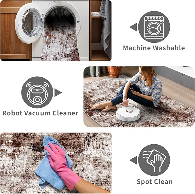 5x12 Runner Rug for Wide Hallway: Long Washable Runners for Entryway Living Room Dining Room - Stain and Water Resistant Rugs with Non-Slip Backing - Soft Low-Pile Carpet Brown Khaki White