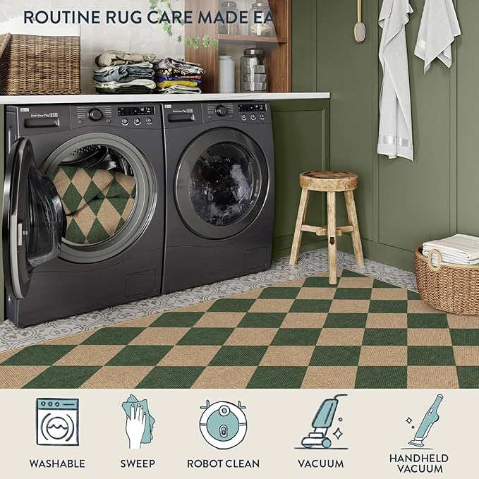 Lahome Colette Checkered Washable Rugs 8x10, Easy Jute Rug for Living Room Patio, Farmhouse Neutral Indoor Outdoor Carpet Non Slip Non Shedding Floor Carpet for Office Deck Backyard