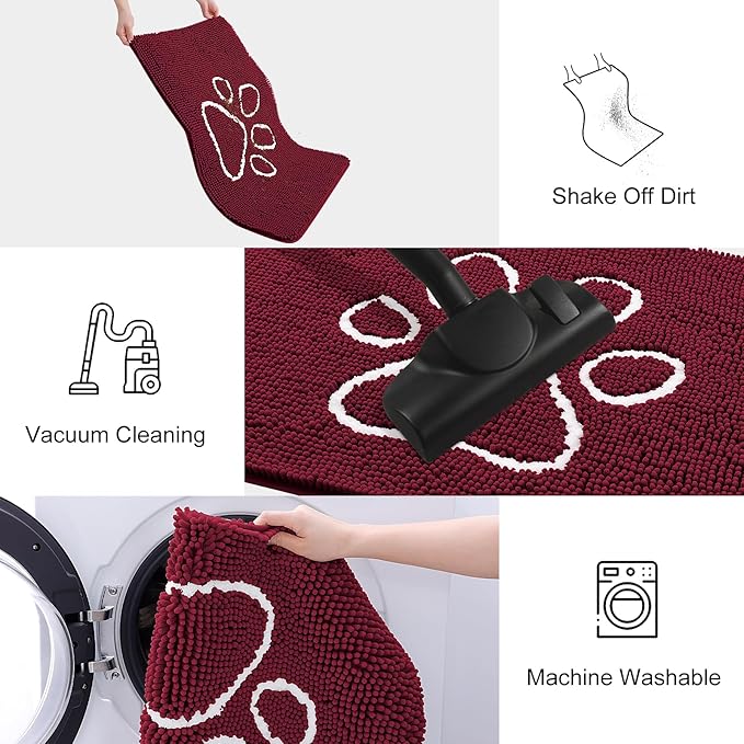 Smiry Dog Door Mat for Muddy Paws, Absorbent Dirt Trapper Non Slip Quick Dry Washable Chenille Mat for Mud Dogs, Entry Rug for Indoor and Outdoor (40x32 Inches, Burgundy and White)
