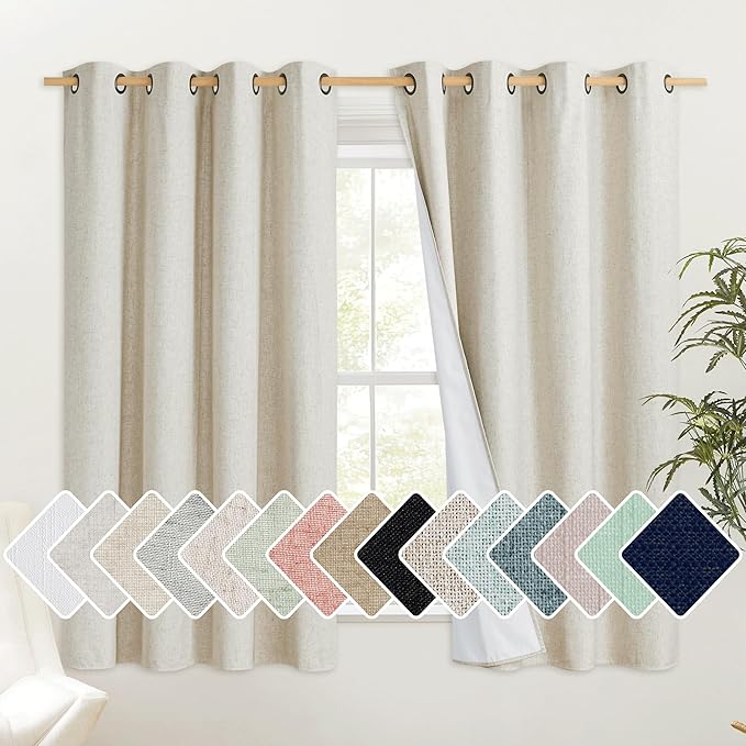 NICETOWN Natural 100% Blackout Short Curtains 63 inches Lenghth Burg for Kitchen, 2 Panels, Burlap Linen Drapes with Thermal Insulated White Liner, Keeping Out Cold Air and Heat Panels