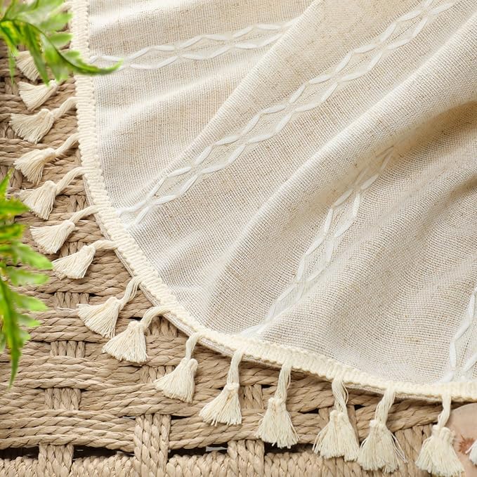 Boho Light Filtering Curtains 2 Panels 84 Inch for Living Room Bedroom, Beige Linen Texture Farmhouse Curtains with Tassels and Cotton Embroidery Vintage Rustic Western Rod Pocket