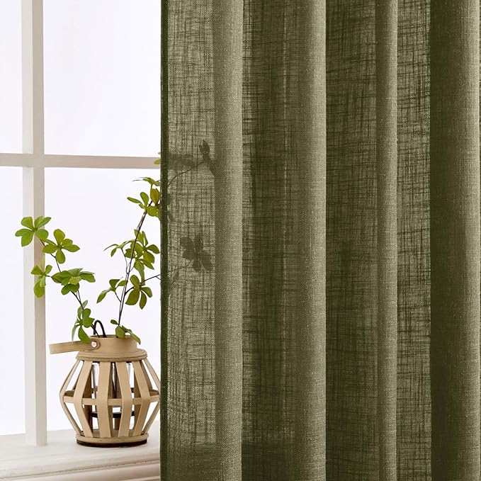 MIULEE Light Olive Green Linen Curtains 84 Inch Length 2 Panels for Bedroom Living Room, Soft Linen Textured Natural Window Drapes Semi Sheer Light Filtering Back Tab Rod Pocket Burlap Look Decor