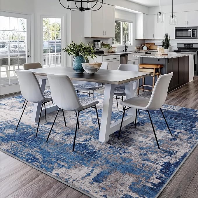 Washable Area Rugs Square 10ft Non-Slip Modern Abstract Soft for Living Room Entryway Bedroom Nursery, Print Pattern, Blue Grey Navy Gray