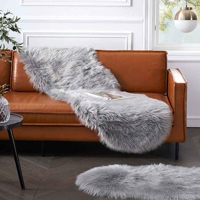 Faux Fur Rug for Bedroom, Gray Fluffy Rug Soft Sheepskin Runner Rug Sofa Couch Seat Cushion, 2x6ft Grey Plush Area Shag Rugs Floor Carpets for Nursery Bedside, Cute Shaggy Fuzzy Home Decor