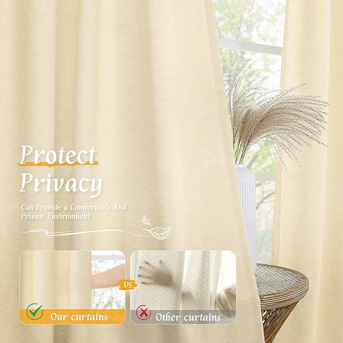 LAMIT Beige Linen Curtains 84 inches for Bedroom, Faux Linen Textured Light Filtering Drapes Rod Pocket Boho Burlap Semi Sheer Panels for Farmhouse/Living Room, 2 Panels, 52 x 84 Inch, Beige