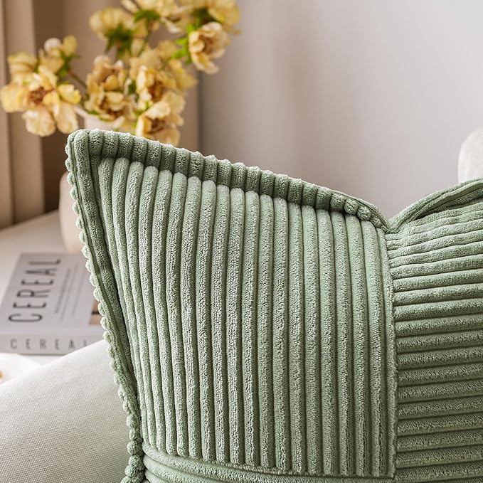 MIULEE Decorative Lumbar Throw Pillow Covers for Couch Bed Livingroom 12x20 Inch Set of 2 Light Olive Green Boho Accent Throw Pllows Broadside Striped Patchwork Soft Corduroy Summer Pillowcases