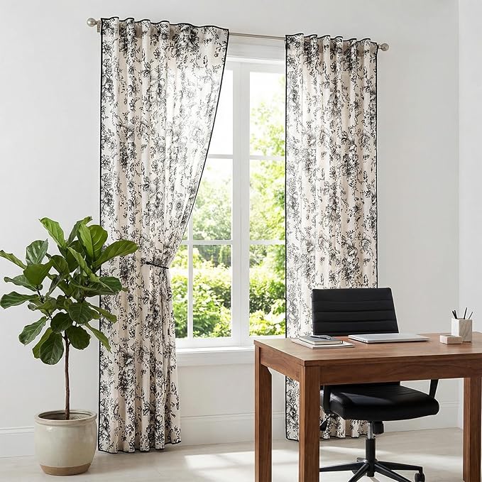 jinchan Linen Blend Floral Curtains French Country Curtain for Living Room 96 Inch Length Black Printed Curtain Rod Pocket Back Tab Farmhouse Peony Flower Patterned Drapes Window Curtains Set 2 Panels