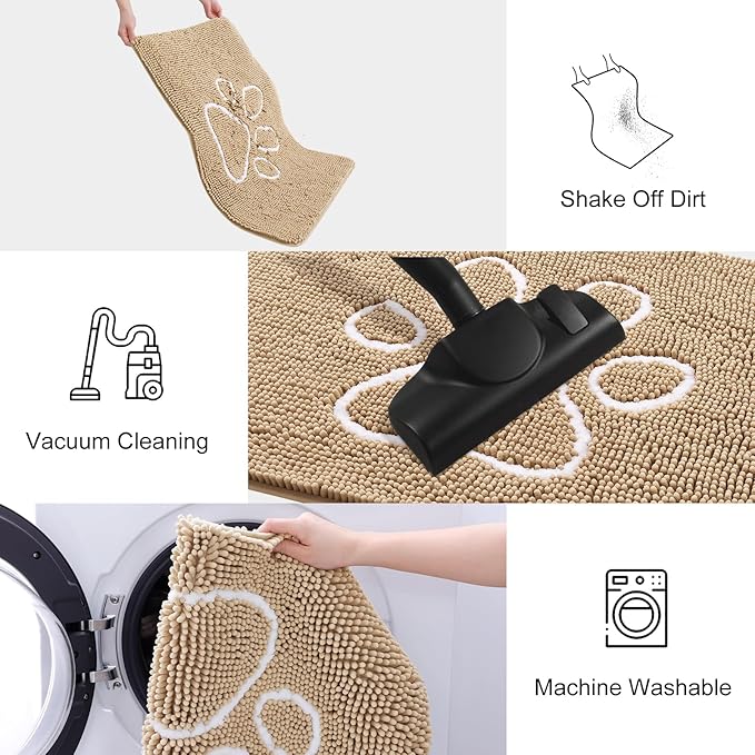 Smiry Dog Door Mat for Muddy Paws, Absorbent Dirt Trapper Non Slip Quick Dry Washable Chenille Mat for Mud Dogs, Entry Rug for Indoor and Outdoor (40x32 Inches, Beige and White)