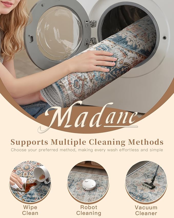 Madane Washable Runner Rug - 2x6 Rug Runners for Hallways 6 Feet Non Slip Vintage Kitchen Runner Rug Ultra-Thin Bathroom Runner Rugs Carpet Laundry Room Bedroom (2x6ft, Navy)