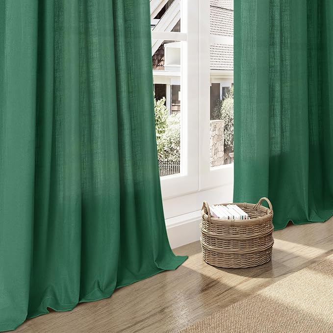 Dark Green Linen Curtains for Living Room 63 Inches Long 2 Panel Set Light Filtering Linen Drapes for Kitchen Windows Rod Pocket Back Tab Short See Through Curtain Country Farmhouse Decor 52x63