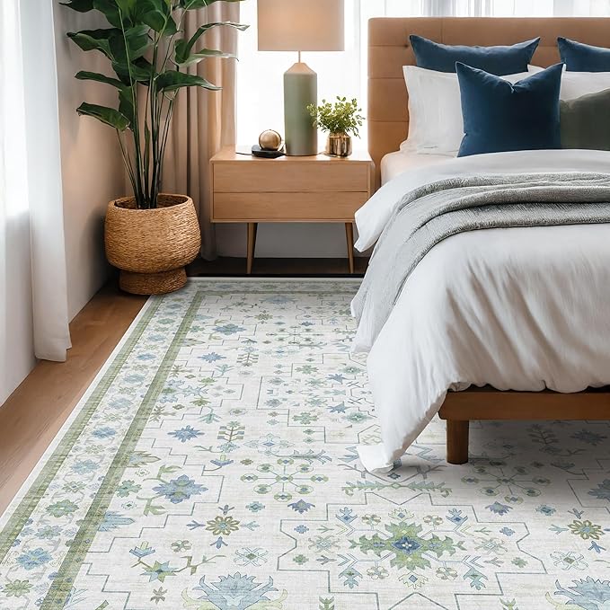 Hazo Haus Blue and Green Living Room Rug 7x10 - Cream Oushak Vintage Boho Floral Farmhouse, Washable Low Pile Non-Slip Extra Large Area Rugs for Bedroom, Kids, Lounge