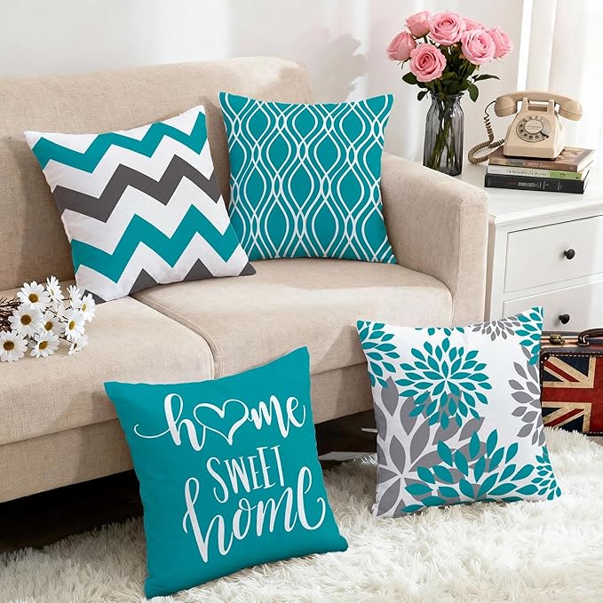 Hexagram Geometric Teal Pillow Covers 16x16 Set of 4, Decorative Outdoor Boho Modern Throw Pillow Covers, Home Sweet Home Farmhouse Cushion Case for Couch Sofa Bedroom Indoor Decor(No Insert)