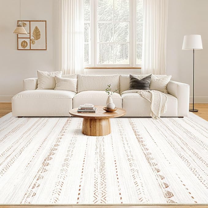 Nakagishi Area Rug Living Room Rugs: 8x11 Large Soft Machine Washable Boho Moroccan FarmNeutral Stain Resistant Indoor Floor Carpet for Bedroom Under Dining Table Home Office Decor-Cream Brown