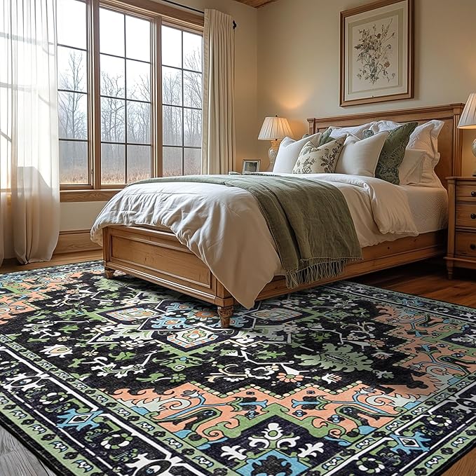 Lofus 6x9 Washable Area Rugs, Large Area Rug for Living Room, Bedroom, Office, Dining Room, Non-Slip Vintage Boho Rug, Low-Pile Soft Carpet, Traditional Oriental Style, Dark Green