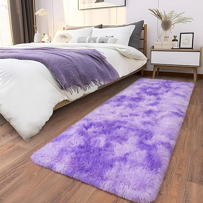 Soft Runner Rugs for Bedroom Hallways, 2x6 Tie-Dyed Purple Fluffy Shag Throw Area Rug Non Slip for Bedside Dorm, Long Shaggy Furry Carpet for Nursery Living Room