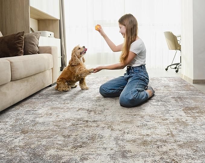 UERMEI 8x10 Area Rug Living Room Rugs - Washable Neutral Modern Abstract Soft Thin Large Rug Indoor Floor No Slip Rug Carpet for Bedroom Under Dining Table Home Office Decor - Brown Grey