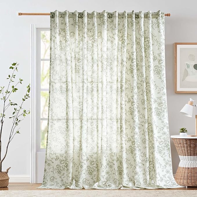jinchan Linen Floral Curtains 100 Inch Extra Wide for Patio Sliding Glass Door Room Divider Curtain for Living Room 108 Inch Length Farmhouse Peony Green Printed Curtain Set 1 Panel