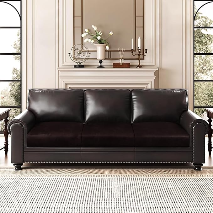 Leather Look Couch Cushion Covers Sofa Seat Slipcovers Sets Couches Furniture Protector for Sectional Armchair Loveseat Pets Kids Stretch Spandex Fabric (3 Cushion Sofa, Chocolate)