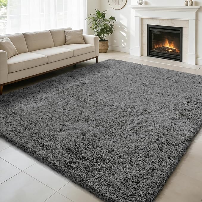 9x12 Fluffy Area Rugs for Living Room,Large Fuzzy Shag Area Rug for Bedroom,Deep Grey Soft Non-Shedding Indoor Plush Carpet for Kids Bedroom Nursery Home Decor
