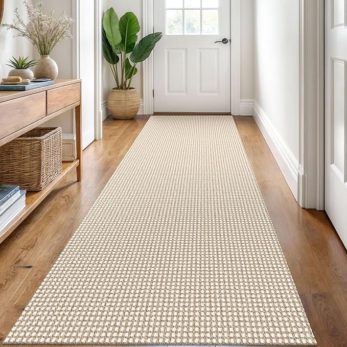 KOZYFLY Runners for Hallways 3x8 ft Washable Kitchen Runner Non Slip Rubber Backed Hall Runners Cotton Entryway Runner Rugs Floor Carpet for Indoor Backdoor Bedroom Kitchen, Ivory/Khaki