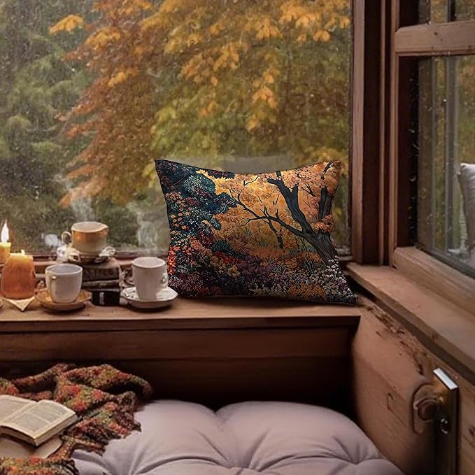 Rustic William Morris Inspired Autumn Forest Decor Throw Pillow Covers 18x18,Fall Home Room Decor, Vintage Botanical Nature Decorative Throw Pillow Covers for Home Bedroom Living Room