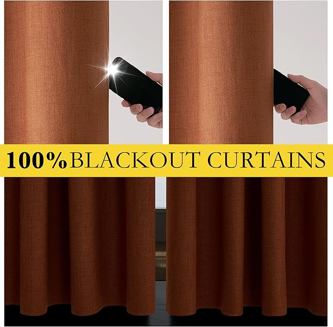 NICETOWN 100% Absolutely Blackout Linen Curtains with Thermal Insulated Liner, Terracotta, 52" Wide, 2 Panels, 95 inches Long Drapes, Grommet Retro Linen Curtains Vertical Drapes Privacy for Bedroom