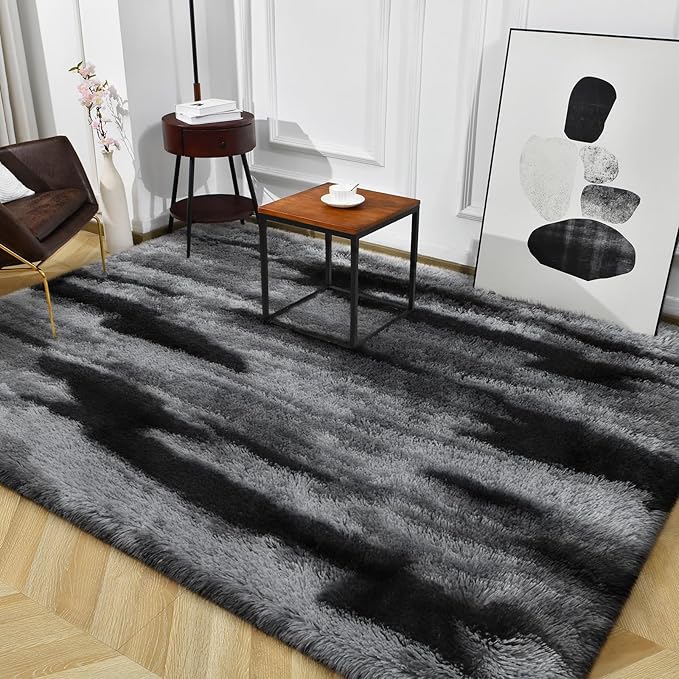 TWINNIS Super Soft Shaggy Rugs Fluffy Carpets, 4x5.9 Feet, Indoor Modern Plush Area Rugs for Living Room Bedroom Kids Room Nursery Home Decor, Upgrade Anti-Skid Rectangular Fuzzy Rug, Black Gray